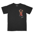 A black short-sleeve t-shirt with a graphic print of a pin-up style woman in a red and white bikini on the left chest.