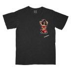 A black short-sleeve t-shirt with a graphic print of a pin-up style woman in a red and white bikini on the left chest.