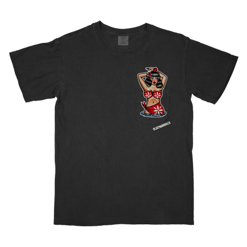 A black short-sleeve t-shirt with a graphic print of a pin-up style woman in a red and white bikini on the left chest.