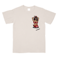 A light beige crewneck t-shirt featuring a graphic print of a hula dancer with a red and white floral lei, on a clean white background.