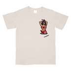 A light beige crewneck t-shirt featuring a graphic print of a hula dancer with a red and white floral lei, on a clean white background.