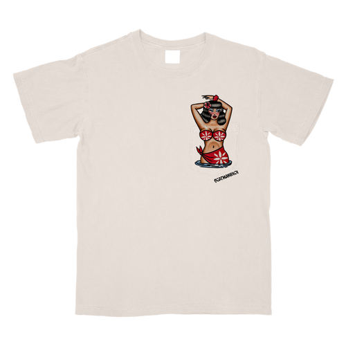 A light beige crewneck t-shirt featuring a graphic print of a hula dancer with a red and white floral lei, on a clean white background.